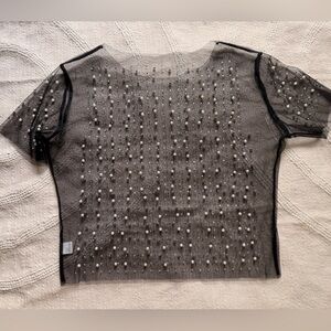 Sheer Black Top with Pearl & Crystal Embellishments Party Blouse Layering Top